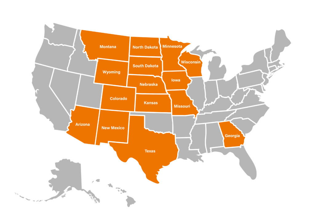 Map of the Unites States with certain states highlighted orange